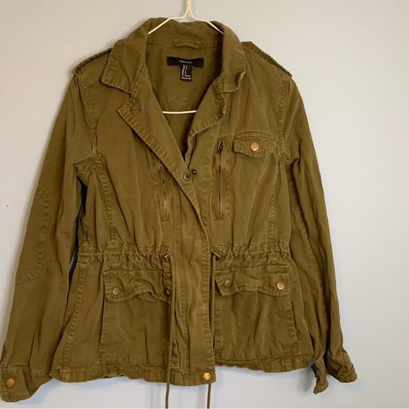 Forever 21 olive green military fatigue style jacket with cargo pockets Sz S - Picture 10 of 11